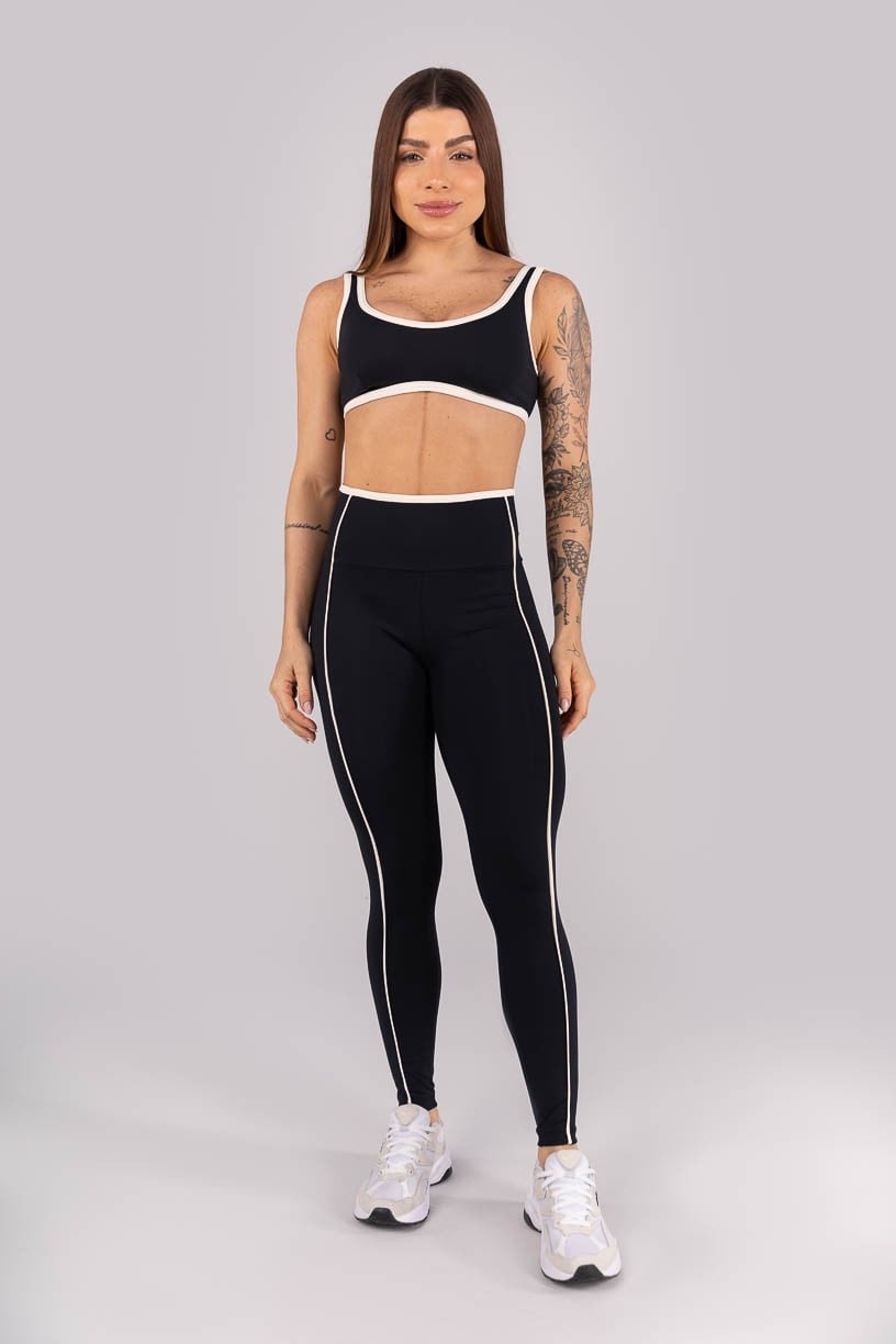 Calça Legging com Vivo e Viés Contrastante (Preto / Off-White) | Ref: K4454-C