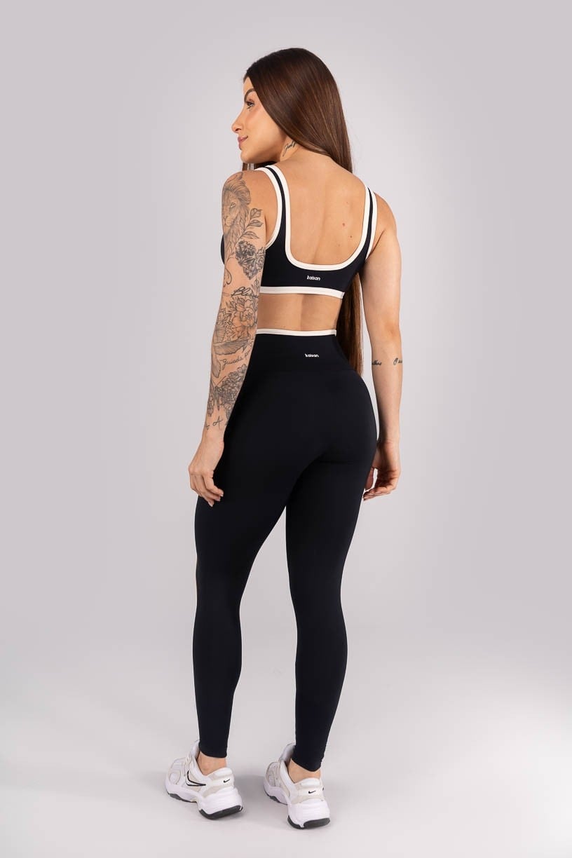 Calça Legging com Vivo e Viés Contrastante (Preto / Off-White) | Ref: K4454-C