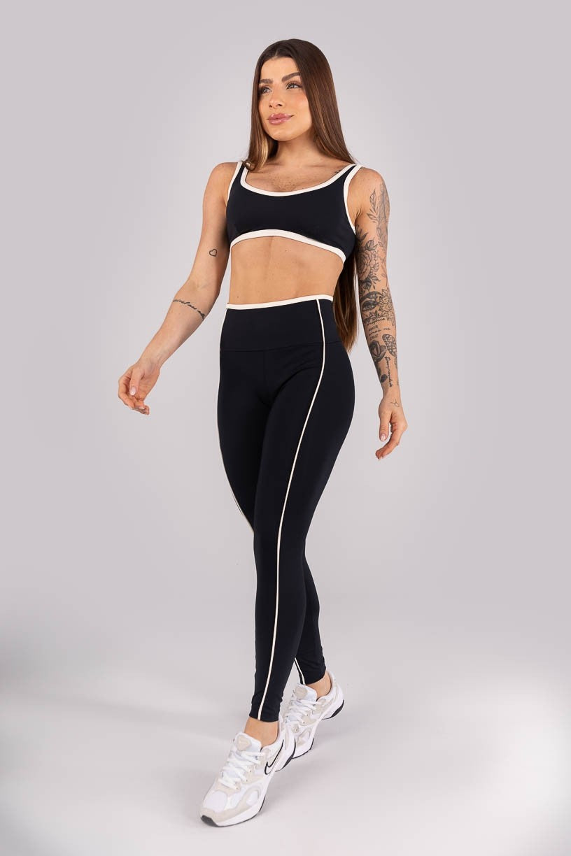 Calça Legging com Vivo e Viés Contrastante (Preto / Off-White) | Ref: K4454-C
