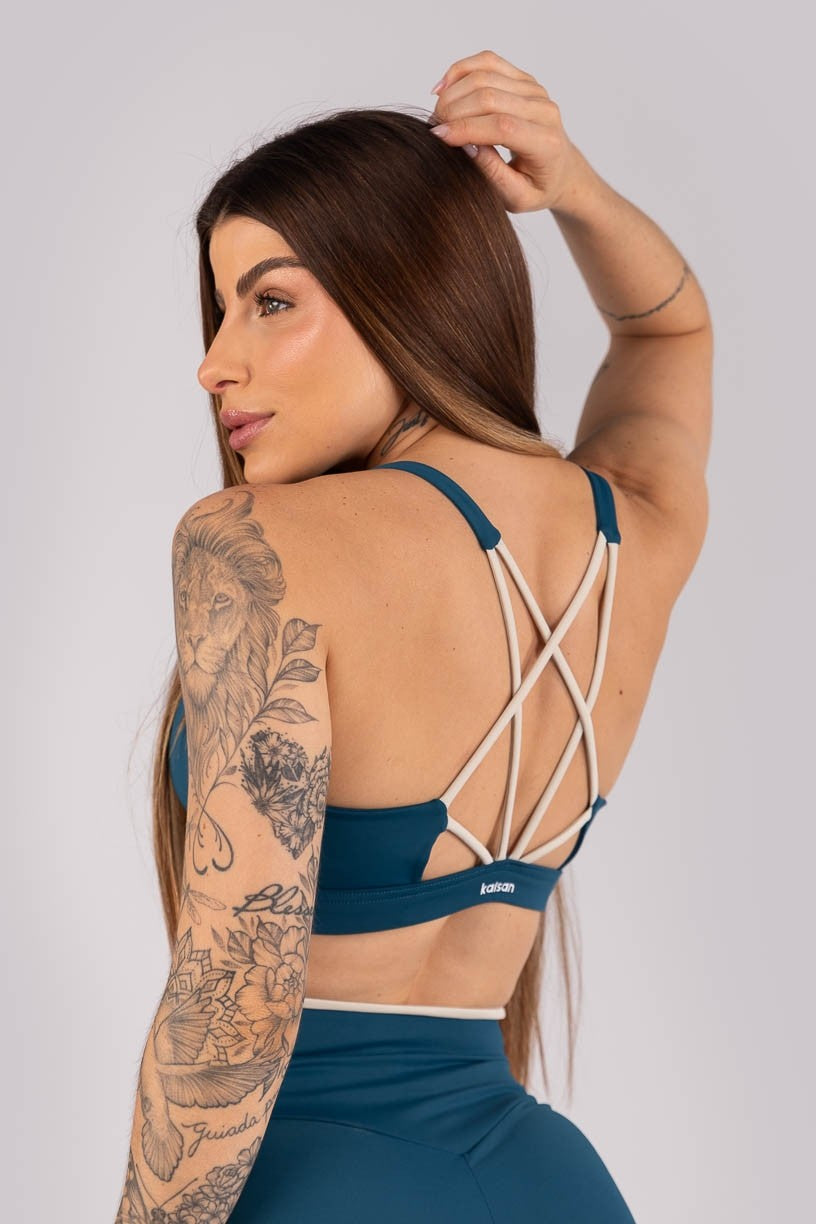 Top com Tiras Entrelaçadas (Azul Petróleo / Bege) | Ref: K4298-D
