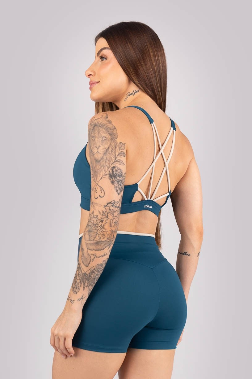 Top com Tiras Entrelaçadas (Azul Petróleo / Bege) | Ref: K4298-D