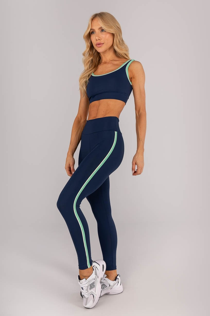 Calça Legging Tricolor com Vivo no Chapado (Azul Marinho / Verde Menta / Off-White) | Ref: K4595-A