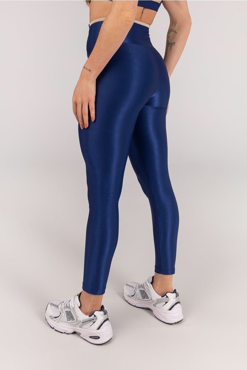 Calça Legging Mix de Tecido com Vira (Azul Marinho / Off-White) | Ref: K4659-A