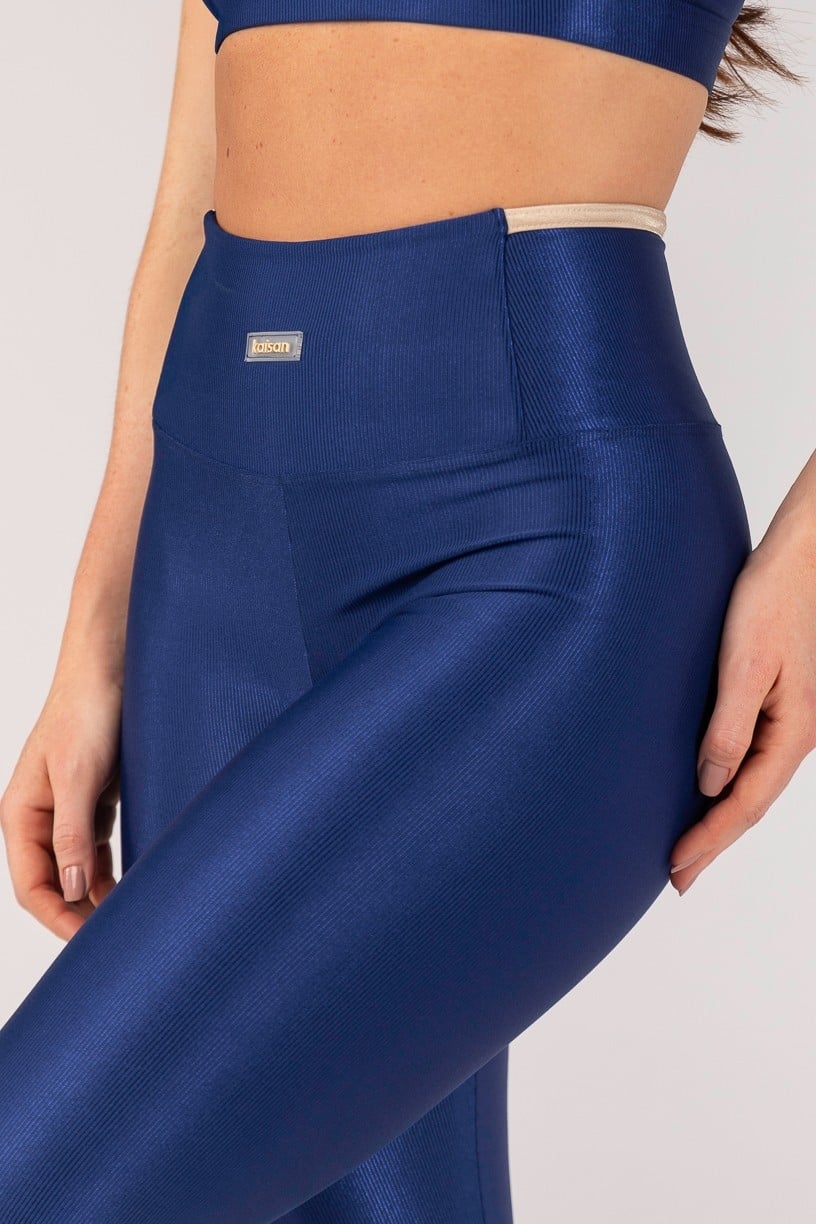 Calça Legging Mix de Tecido com Vira (Azul Marinho / Off-White) | Ref: K4659-A